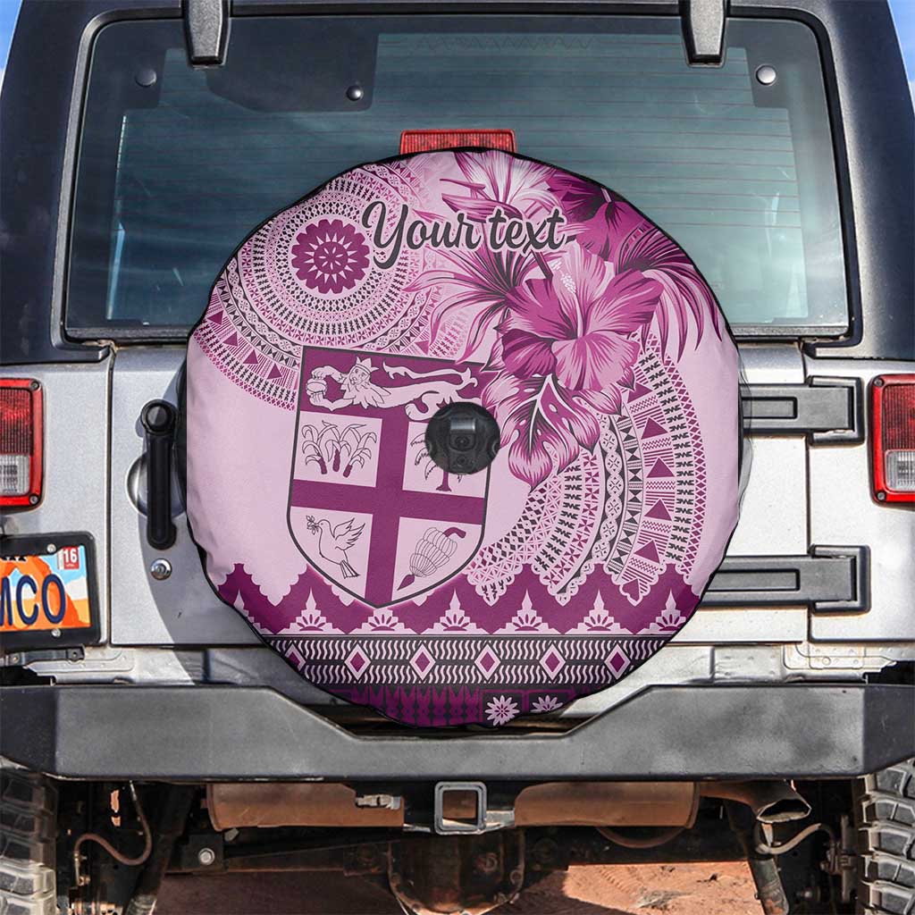 Vintage Bula Fiji Personalised Spare Tire Cover Pink Hibiscus Tapa Pattern