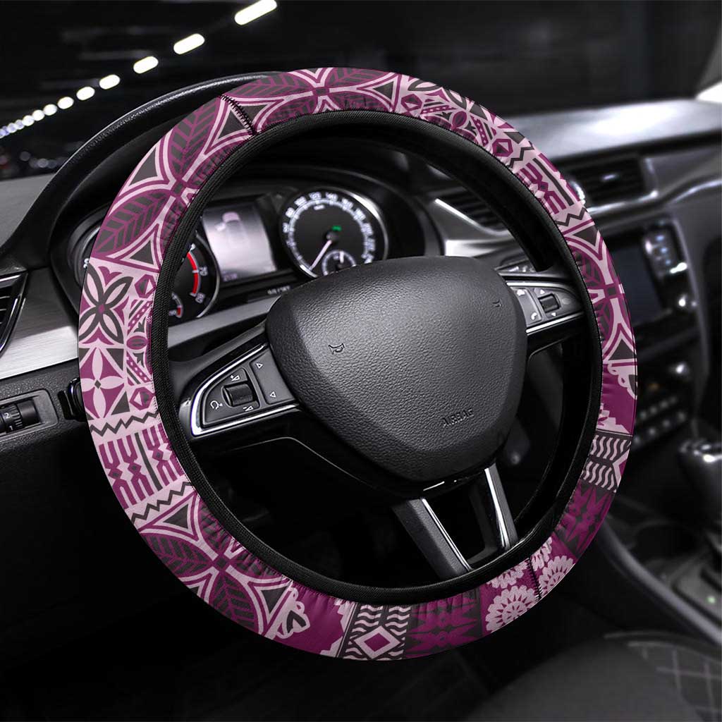 Vintage Bula Fiji Personalised Steering Wheel Cover Pink Hibiscus Tapa Pattern
