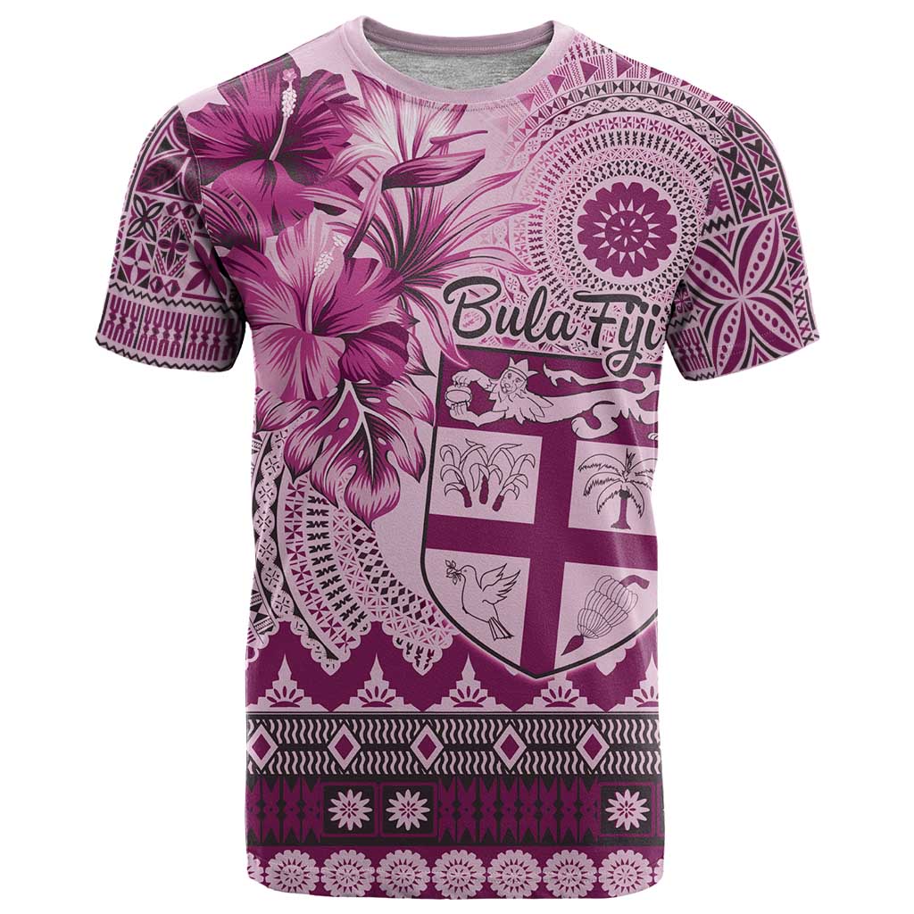 Vintage Bula Fiji Personalised T Shirt Pink Hibiscus Tapa Pattern