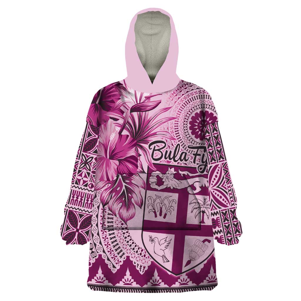 Vintage Bula Fiji Personalised Wearable Blanket Hoodie Pink Hibiscus Tapa Pattern