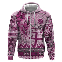Vintage Bula Fiji Personalised Zip Hoodie Pink Hibiscus Tapa Pattern