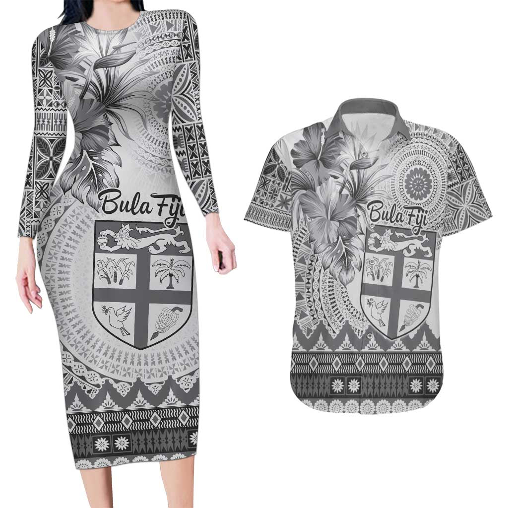 Vintage Bula Fiji Personalised Couples Matching Long Sleeve Bodycon Dress and Hawaiian Shirt Beige Hibiscus Tapa Pattern