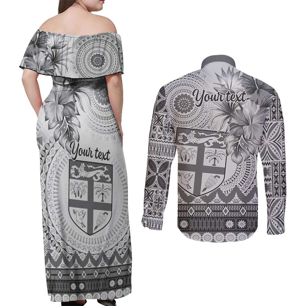 Vintage Bula Fiji Personalised Couples Matching Off Shoulder Maxi Dress and Long Sleeve Button Shirt Beige Hibiscus Tapa Pattern