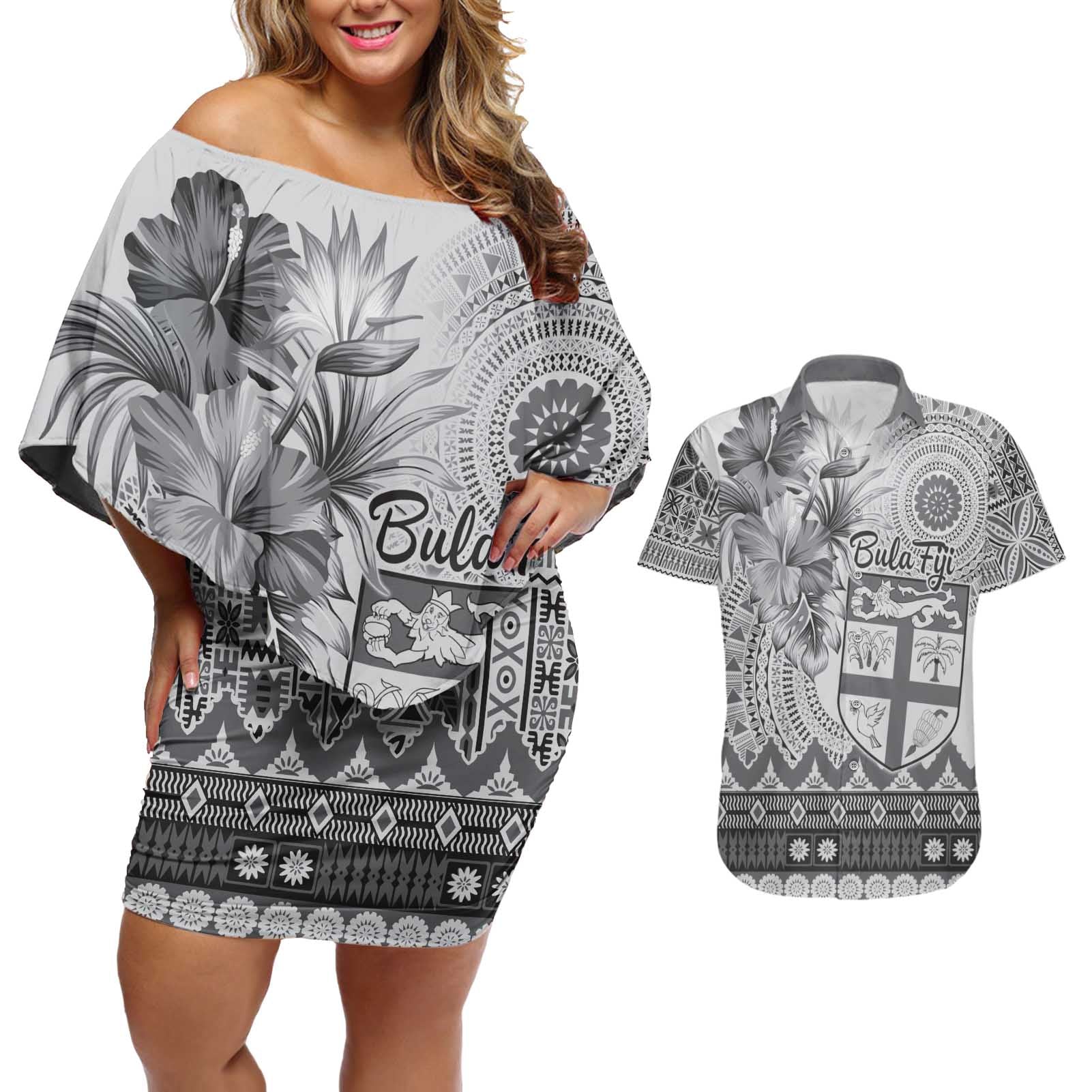 Vintage Bula Fiji Personalised Couples Matching Off Shoulder Short Dress and Hawaiian Shirt Beige Hibiscus Tapa Pattern