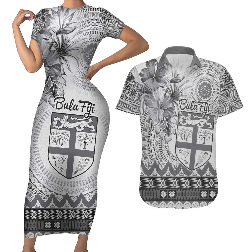 Vintage Bula Fiji Personalised Couples Matching Short Sleeve Bodycon Dress and Hawaiian Shirt Beige Hibiscus Tapa Pattern