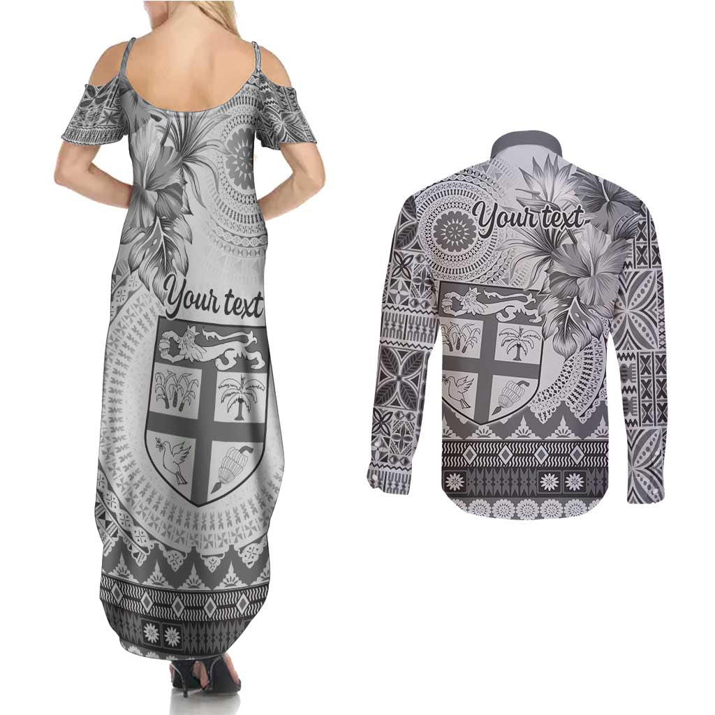 Vintage Bula Fiji Personalised Couples Matching Summer Maxi Dress and Long Sleeve Button Shirt Beige Hibiscus Tapa Pattern