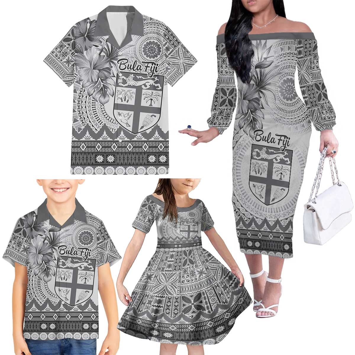 Vintage Bula Fiji Personalised Family Matching Off The Shoulder Long Sleeve Dress and Hawaiian Shirt Beige Hibiscus Tapa Pattern