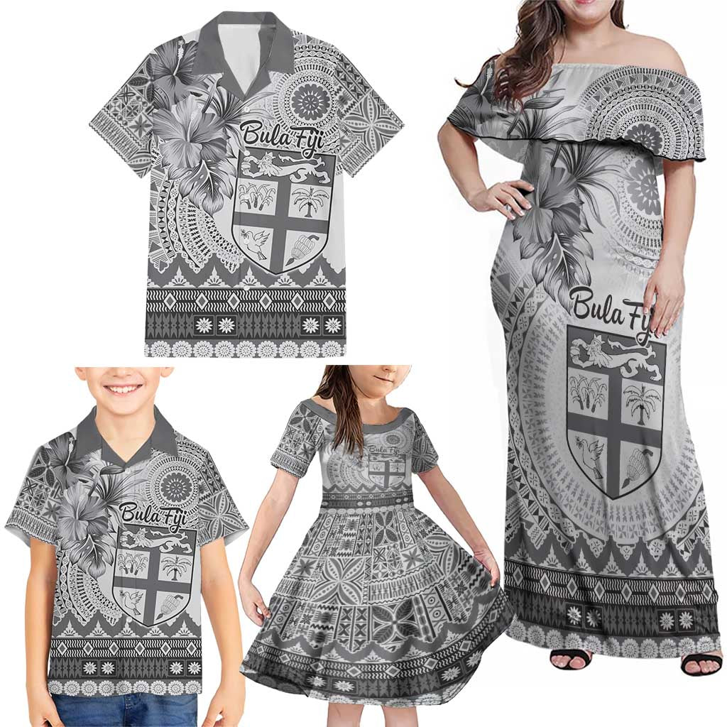 Vintage Bula Fiji Personalised Family Matching Off Shoulder Maxi Dress and Hawaiian Shirt Beige Hibiscus Tapa Pattern