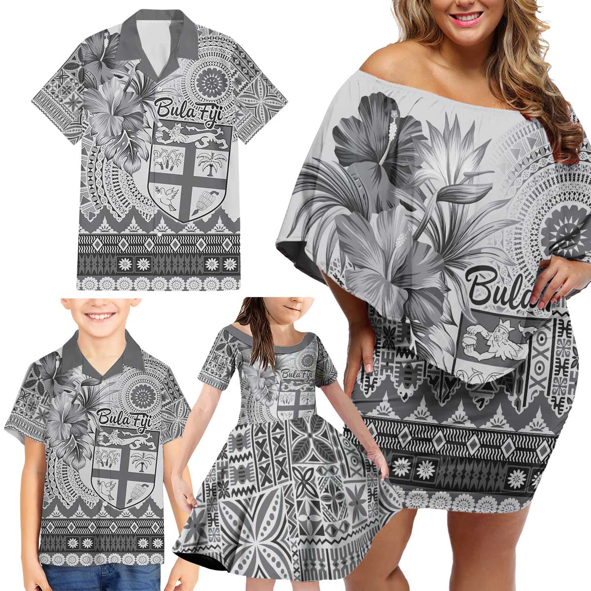 Vintage Bula Fiji Personalised Family Matching Off Shoulder Short Dress and Hawaiian Shirt Beige Hibiscus Tapa Pattern