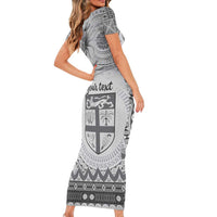 Vintage Bula Fiji Personalised Family Matching Short Sleeve Bodycon Dress and Hawaiian Shirt Beige Hibiscus Tapa Pattern