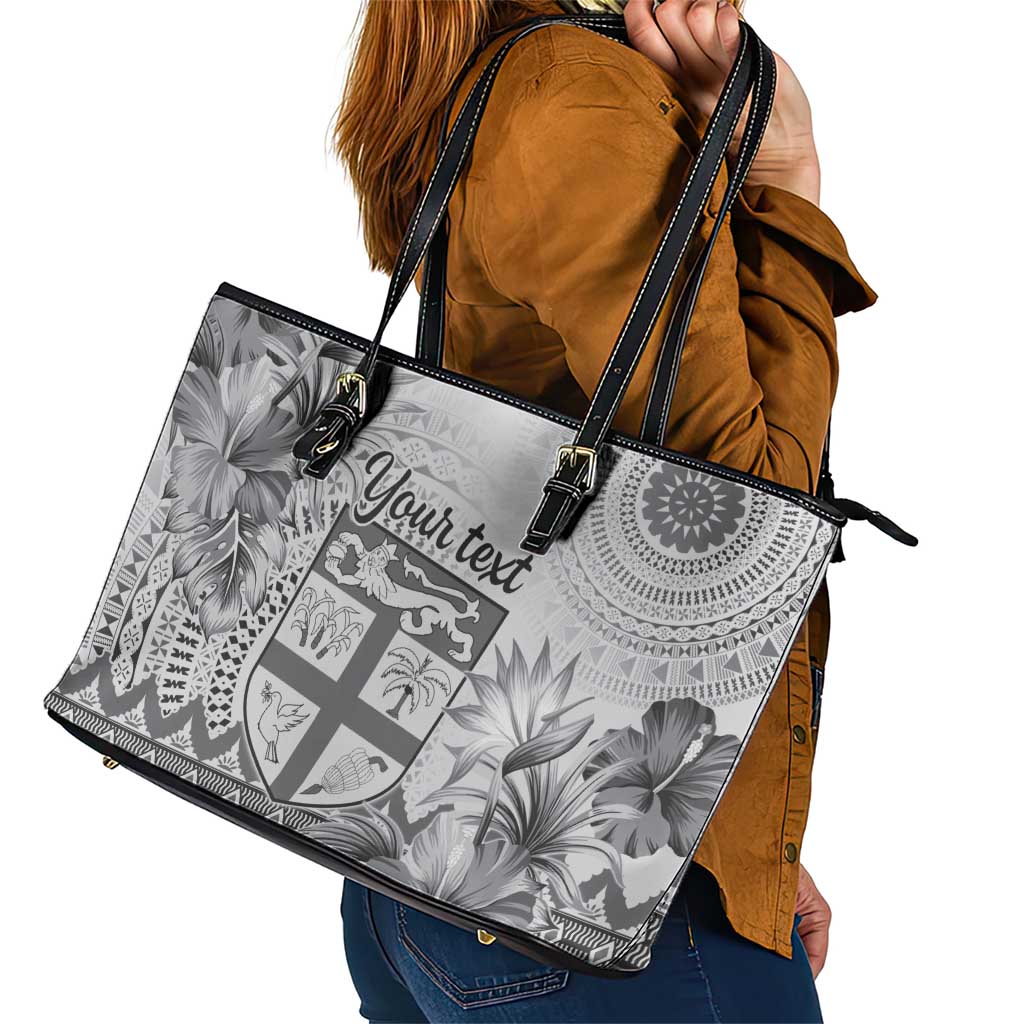 Vintage Bula Fiji Personalised Leather Tote Bag Beige Hibiscus Tapa Pattern LT9