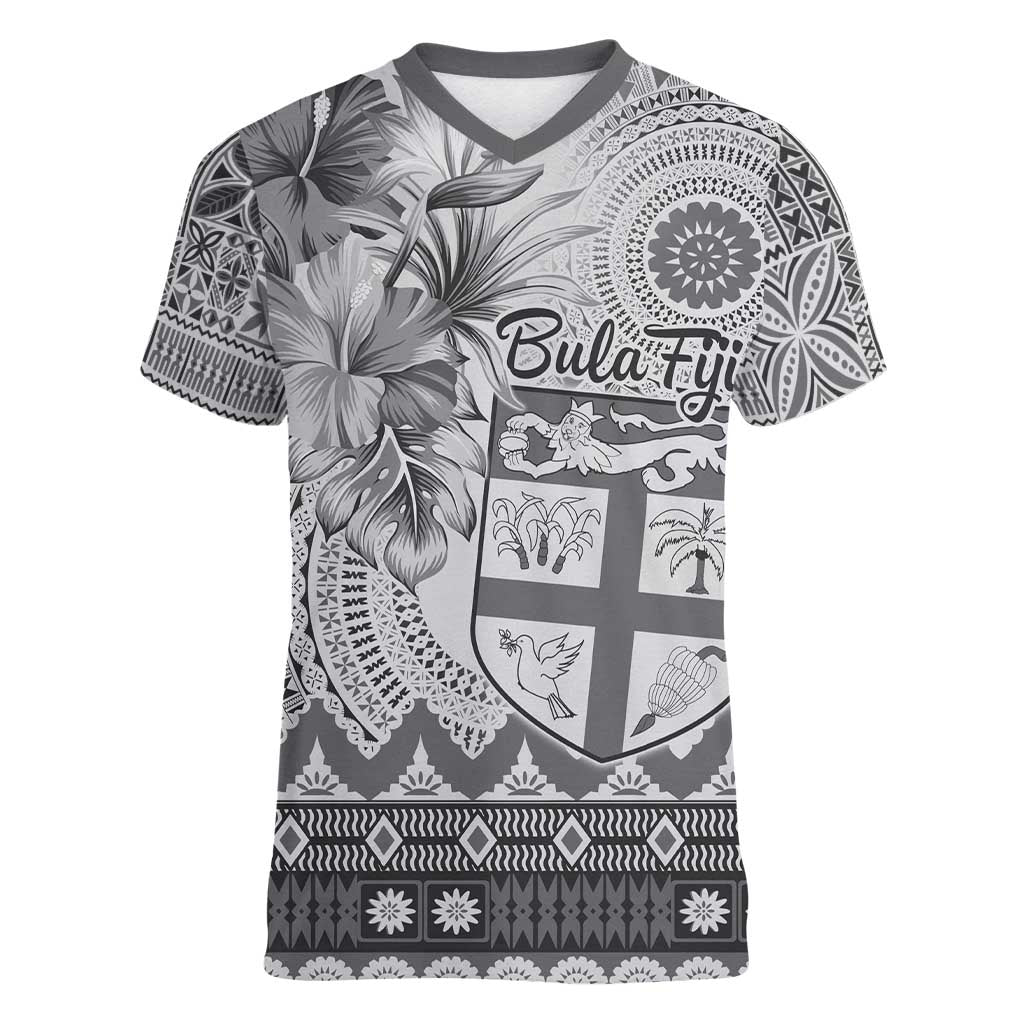 Vintage Bula Fiji Personalised Women V-Neck T-Shirt Beige Hibiscus Tapa Pattern