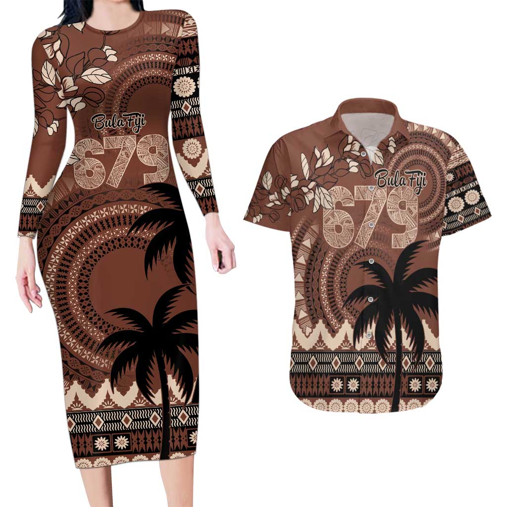 Personalised Bula Fiji 679 Couples Matching Long Sleeve Bodycon Dress and Hawaiian Shirt Fijian Tagimoucia Masi Tapa Art