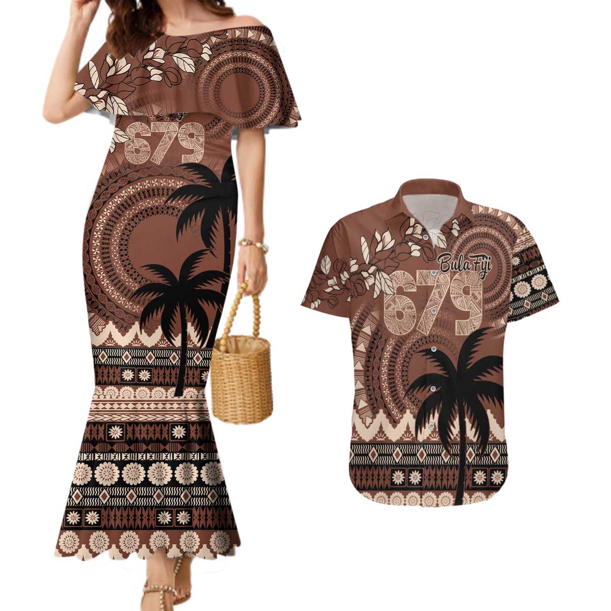 Personalised Bula Fiji 679 Couples Matching Mermaid Dress and Hawaiian Shirt Fijian Tagimoucia Masi Tapa Art
