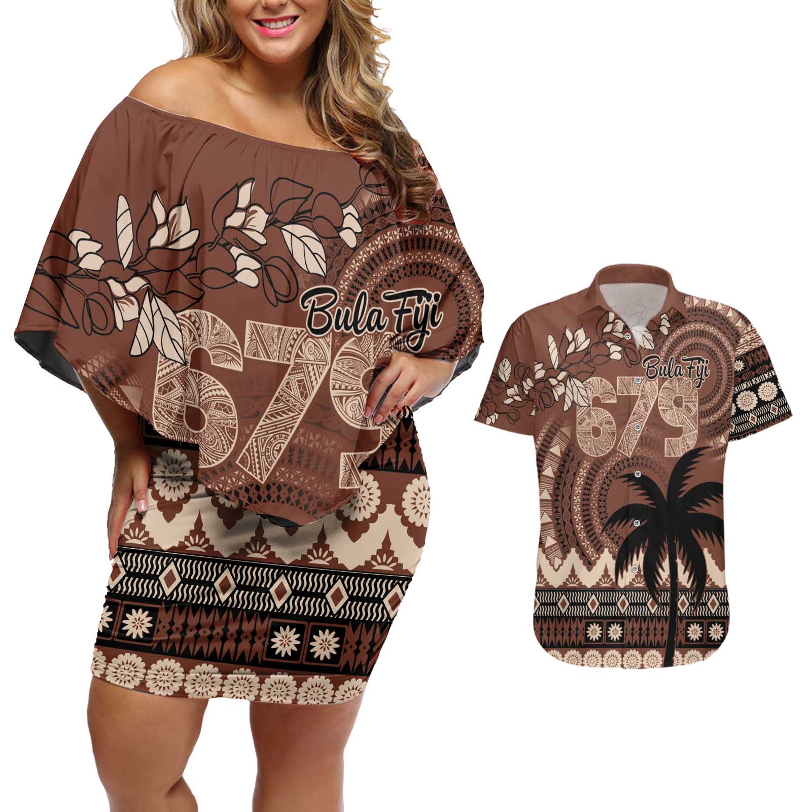 Personalised Bula Fiji 679 Couples Matching Off Shoulder Short Dress and Hawaiian Shirt Fijian Tagimoucia Masi Tapa Art