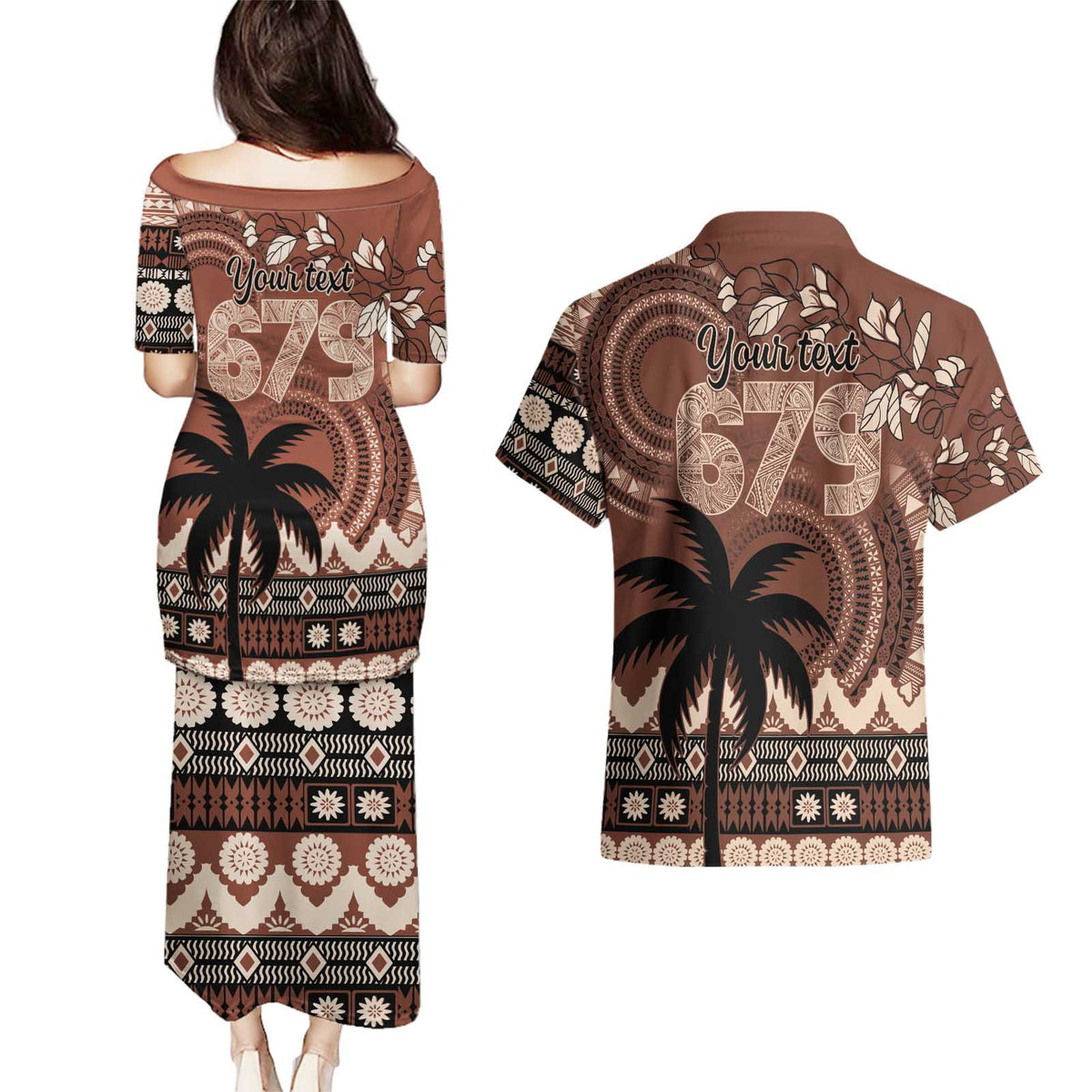 Personalised Bula Fiji 679 Couples Matching Puletasi and Hawaiian Shirt Fijian Tagimoucia Masi Tapa Art