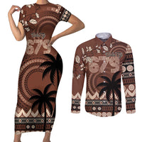 Personalised Bula Fiji 679 Couples Matching Short Sleeve Bodycon Dress and Long Sleeve Button Shirt Fijian Tagimoucia Masi Tapa Art