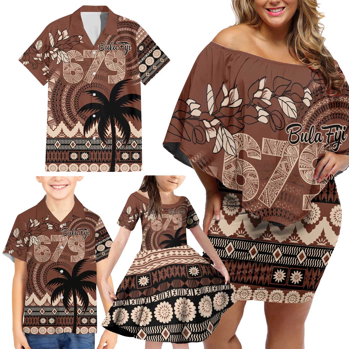 Personalised Bula Fiji 679 Family Matching Off Shoulder Short Dress and Hawaiian Shirt Fijian Tagimoucia Masi Tapa Art