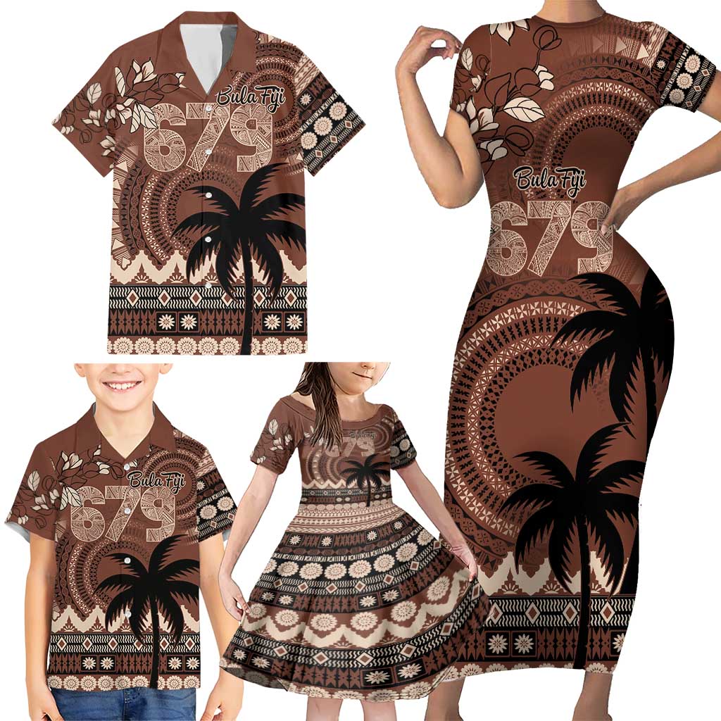 Personalised Bula Fiji 679 Family Matching Short Sleeve Bodycon Dress and Hawaiian Shirt Fijian Tagimoucia Masi Tapa Art
