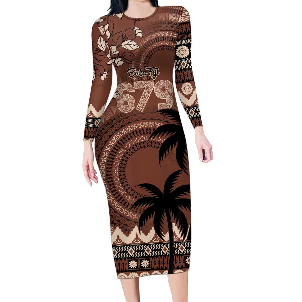 Personalised Bula Fiji 679 Long Sleeve Bodycon Dress Fijian Tagimoucia Masi Tapa Art