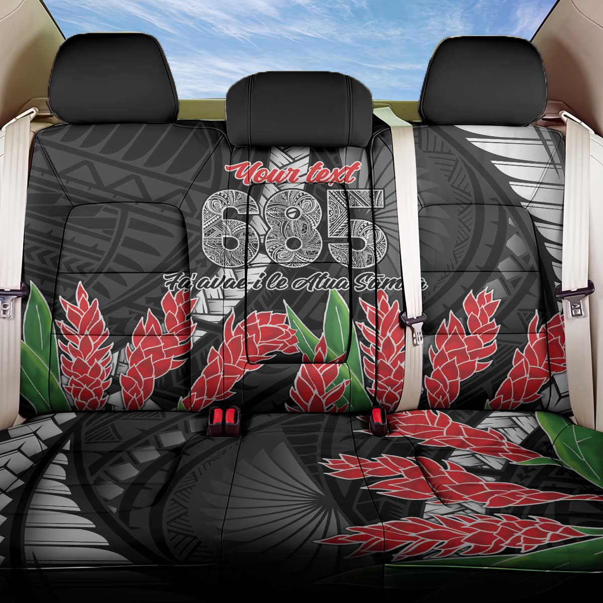 Personalised Samoa 685 Back Car Seat Cover Teuila Flower With Black Samoan Tattoo
