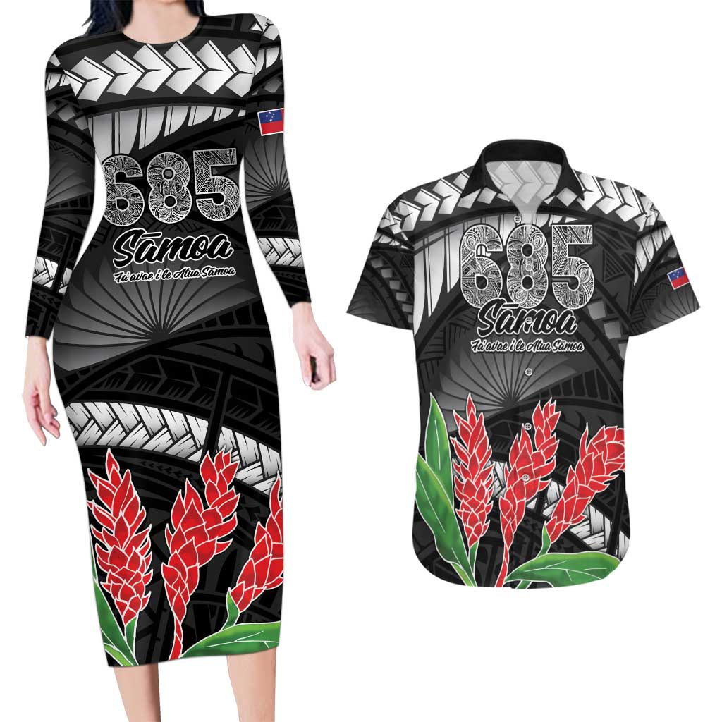 Personalised Samoa 685 Couples Matching Long Sleeve Bodycon Dress and Hawaiian Shirt Teuila Flower With Black Samoan Tattoo