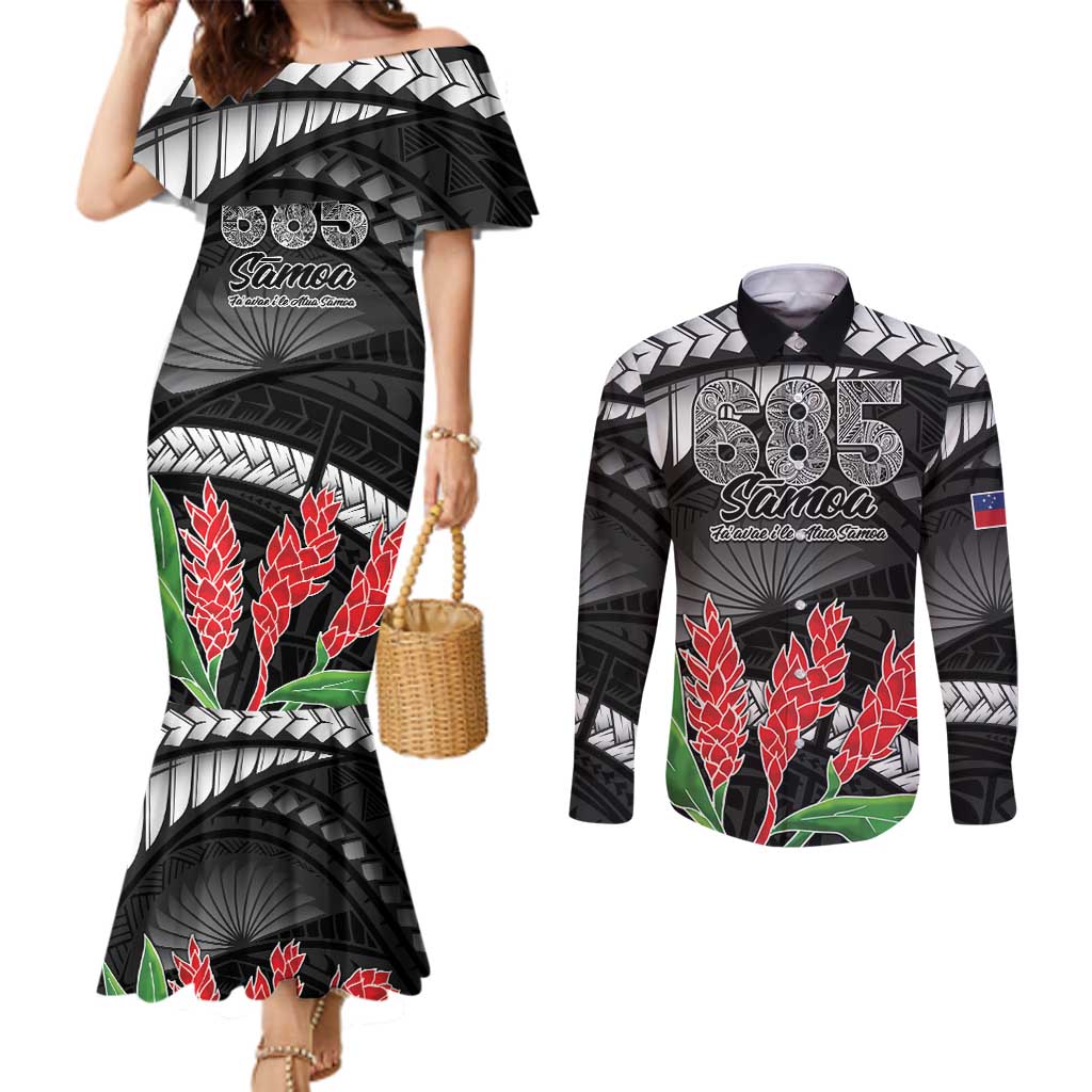 Personalised Samoa 685 Couples Matching Mermaid Dress and Long Sleeve Button Shirt Teuila Flower With Black Samoan Tattoo