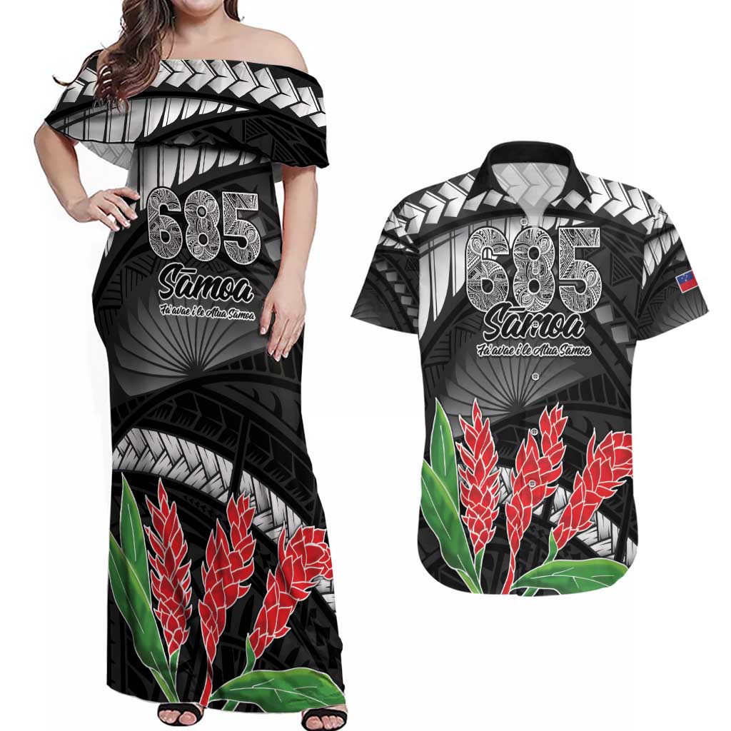 Personalised Samoa 685 Couples Matching Off Shoulder Maxi Dress and Hawaiian Shirt Teuila Flower With Black Samoan Tattoo