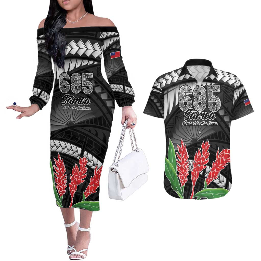 Personalised Samoa 685 Couples Matching Off The Shoulder Long Sleeve Dress and Hawaiian Shirt Teuila Flower With Black Samoan Tattoo