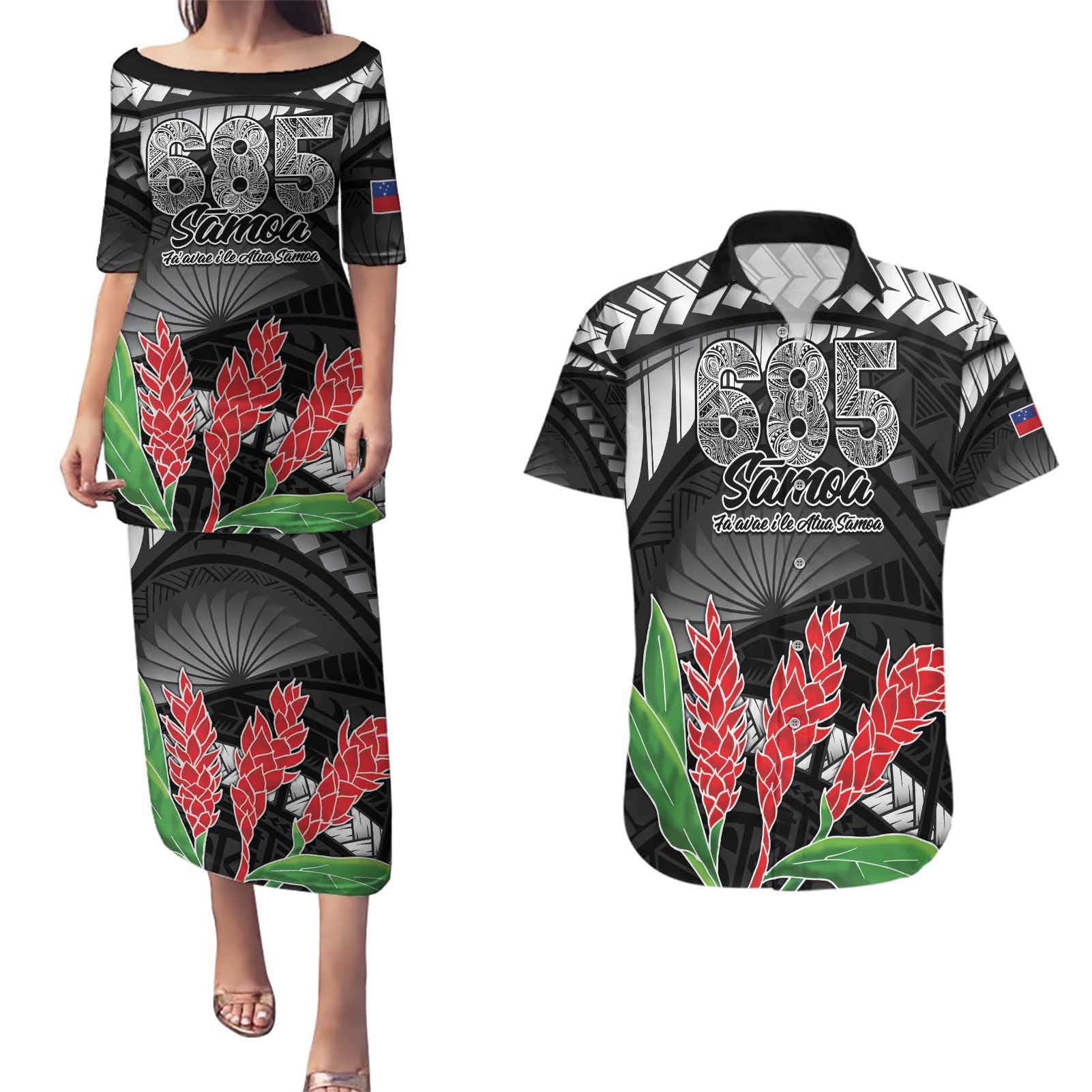 Personalised Samoa 685 Couples Matching Puletasi and Hawaiian Shirt Teuila Flower With Black Samoan Tattoo