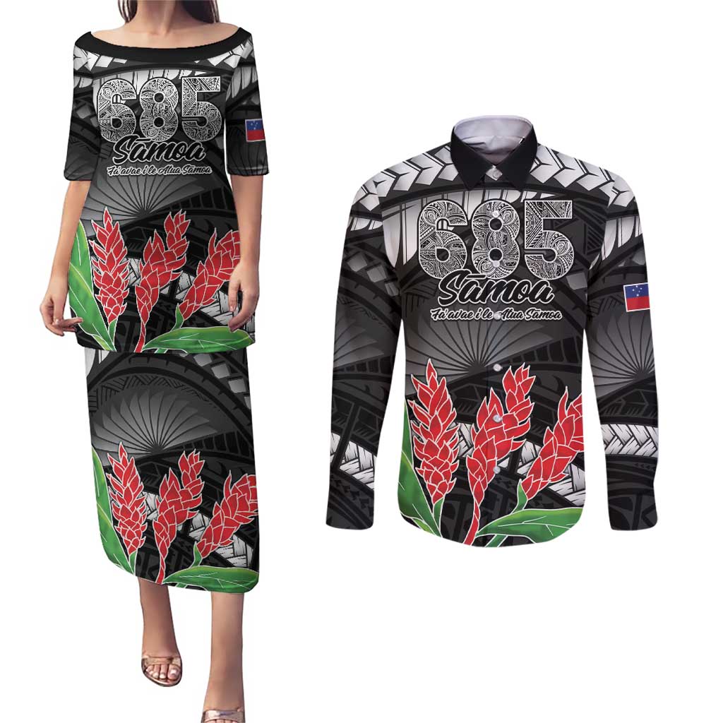 Personalised Samoa 685 Couples Matching Puletasi and Long Sleeve Button Shirt Teuila Flower With Black Samoan Tattoo