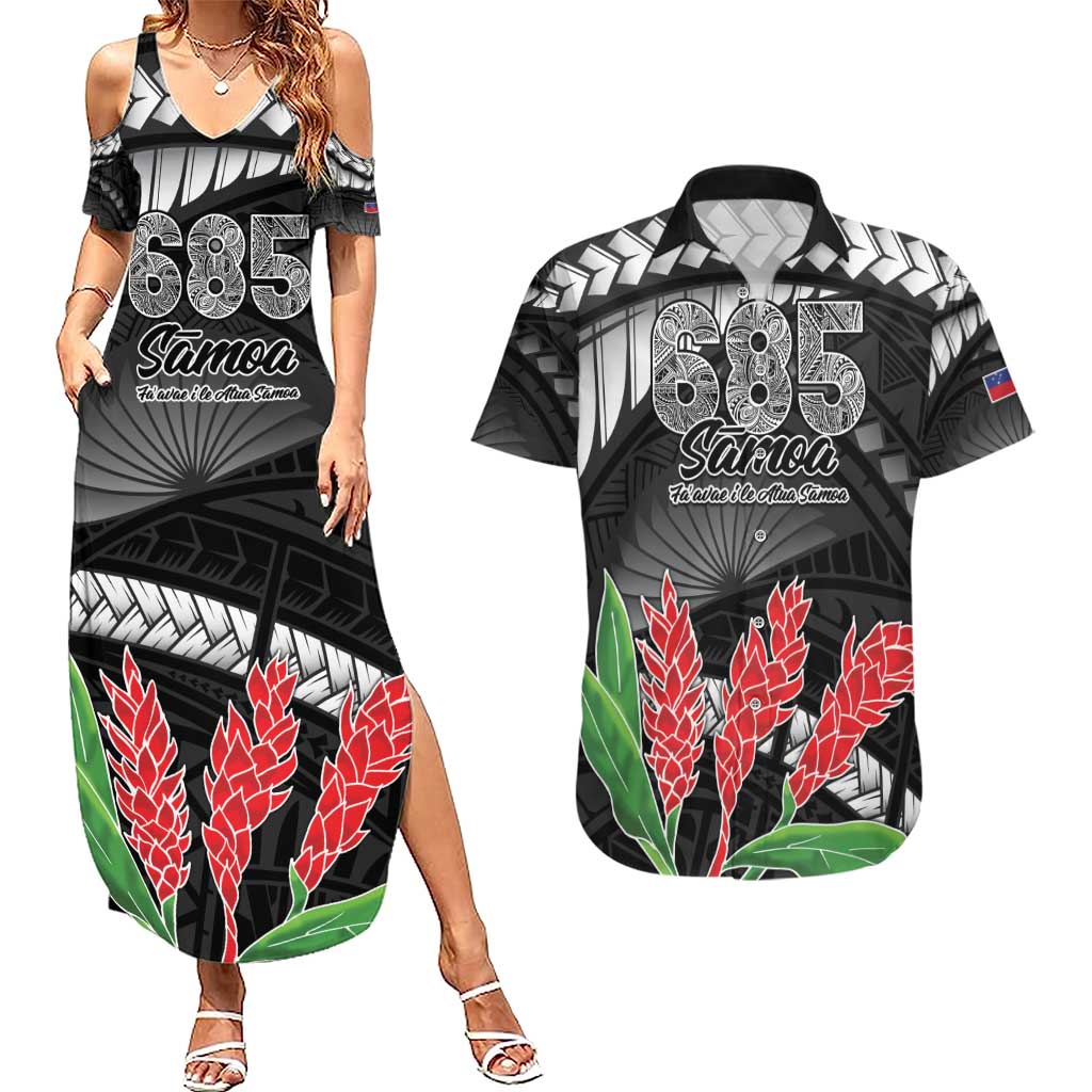 Personalised Samoa 685 Couples Matching Summer Maxi Dress and Hawaiian Shirt Teuila Flower With Black Samoan Tattoo