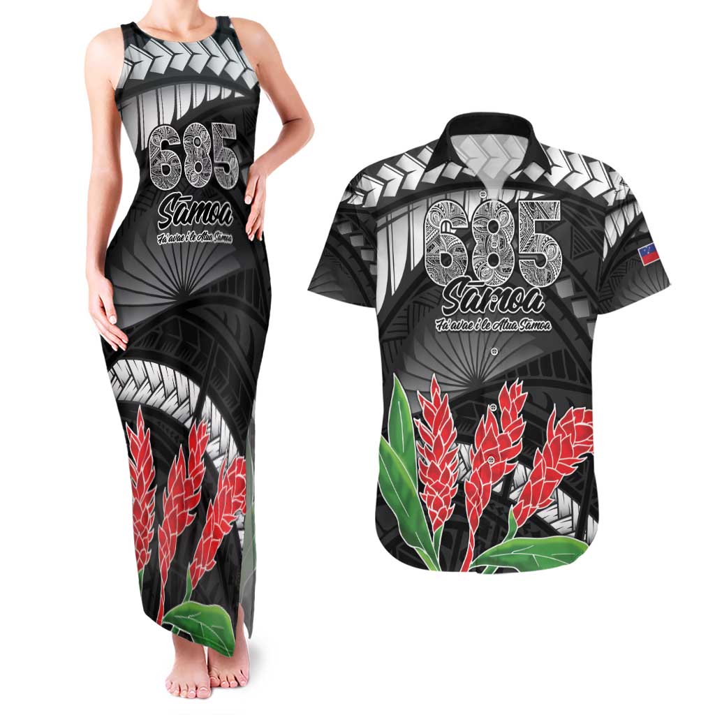 Personalised Samoa 685 Couples Matching Tank Maxi Dress and Hawaiian Shirt Teuila Flower With Black Samoan Tattoo