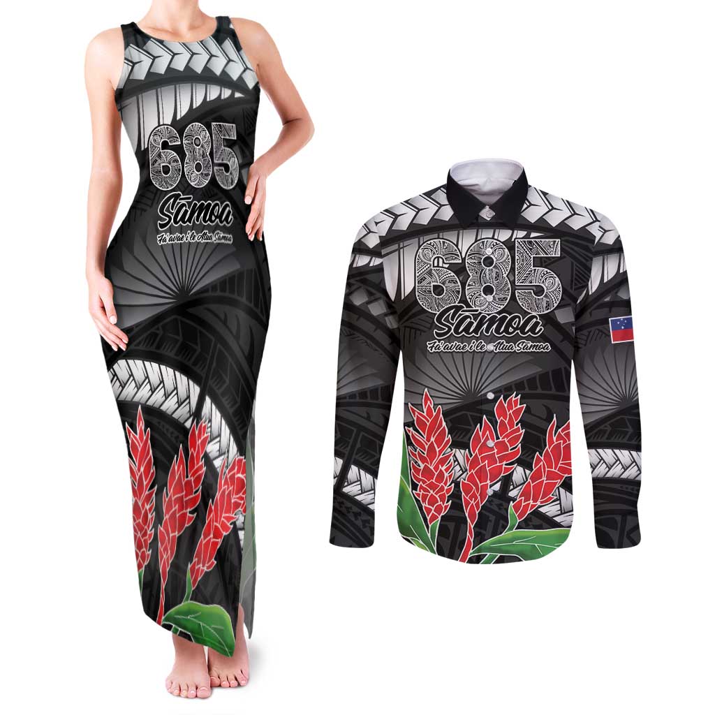 Personalised Samoa 685 Couples Matching Tank Maxi Dress and Long Sleeve Button Shirt Teuila Flower With Black Samoan Tattoo