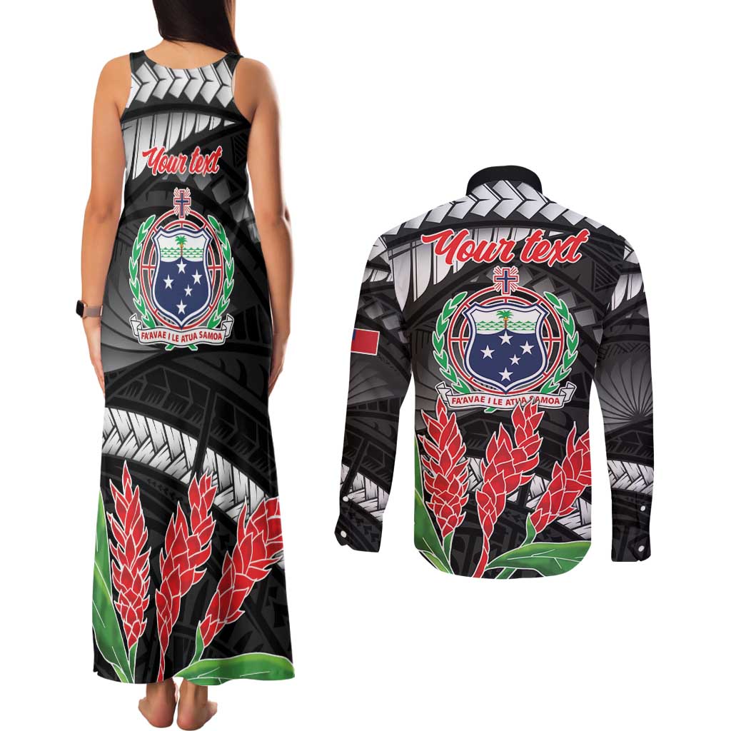 Personalised Samoa 685 Couples Matching Tank Maxi Dress and Long Sleeve Button Shirt Teuila Flower With Black Samoan Tattoo