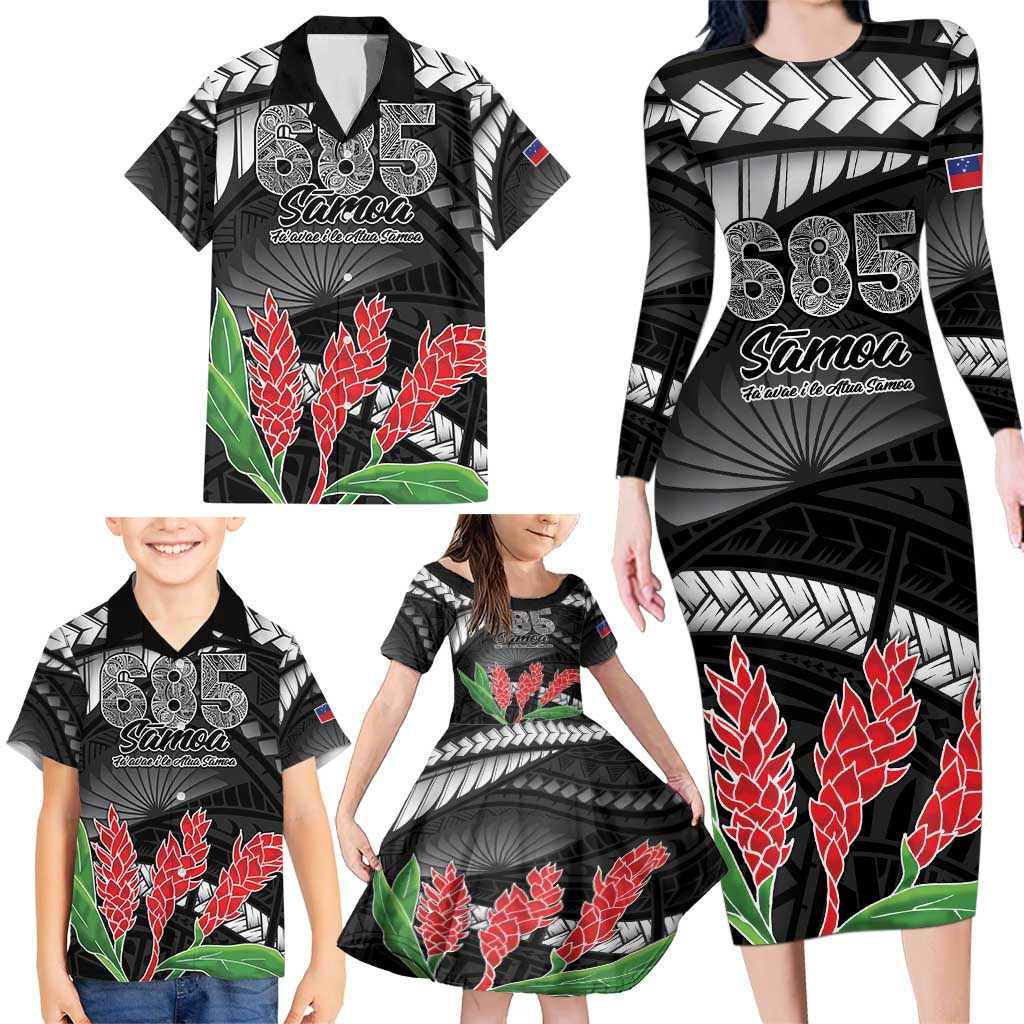 Personalised Samoa 685 Family Matching Long Sleeve Bodycon Dress and Hawaiian Shirt Teuila Flower With Black Samoan Tattoo