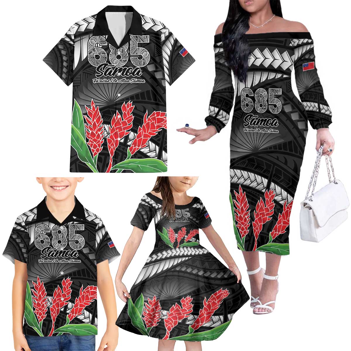 Personalised Samoa 685 Family Matching Off The Shoulder Long Sleeve Dress and Hawaiian Shirt Teuila Flower With Black Samoan Tattoo