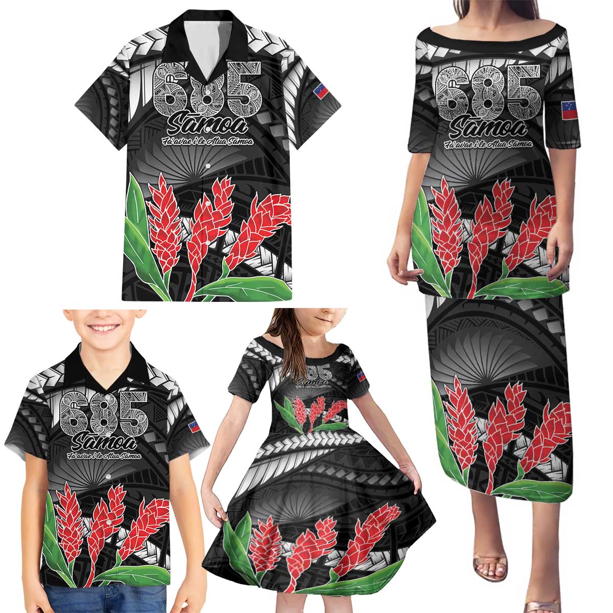 Personalised Samoa 685 Family Matching Puletasi and Hawaiian Shirt Teuila Flower With Black Samoan Tattoo