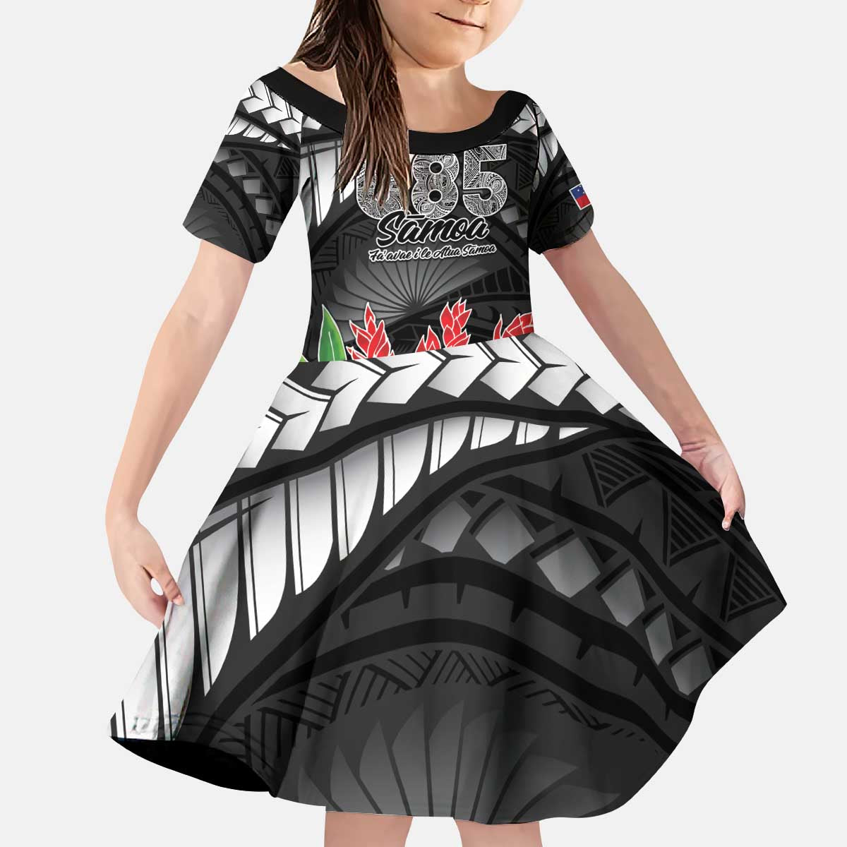 Personalised Samoa 685 Kid Short Sleeve Dress Teuila Flower With Black Samoan Tattoo