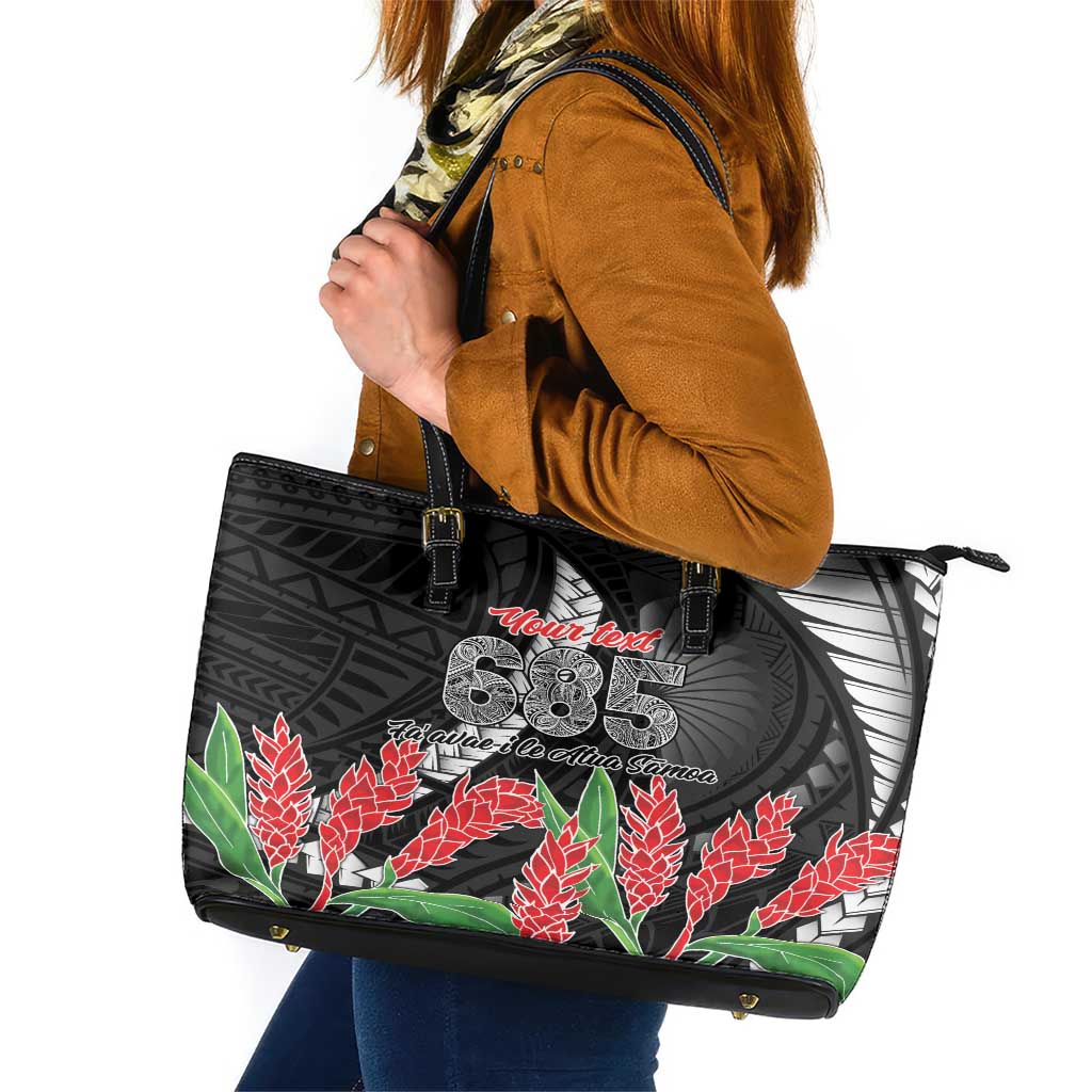 Personalised Samoa 685 Leather Tote Bag Teuila Flower With Black Samoan Tattoo