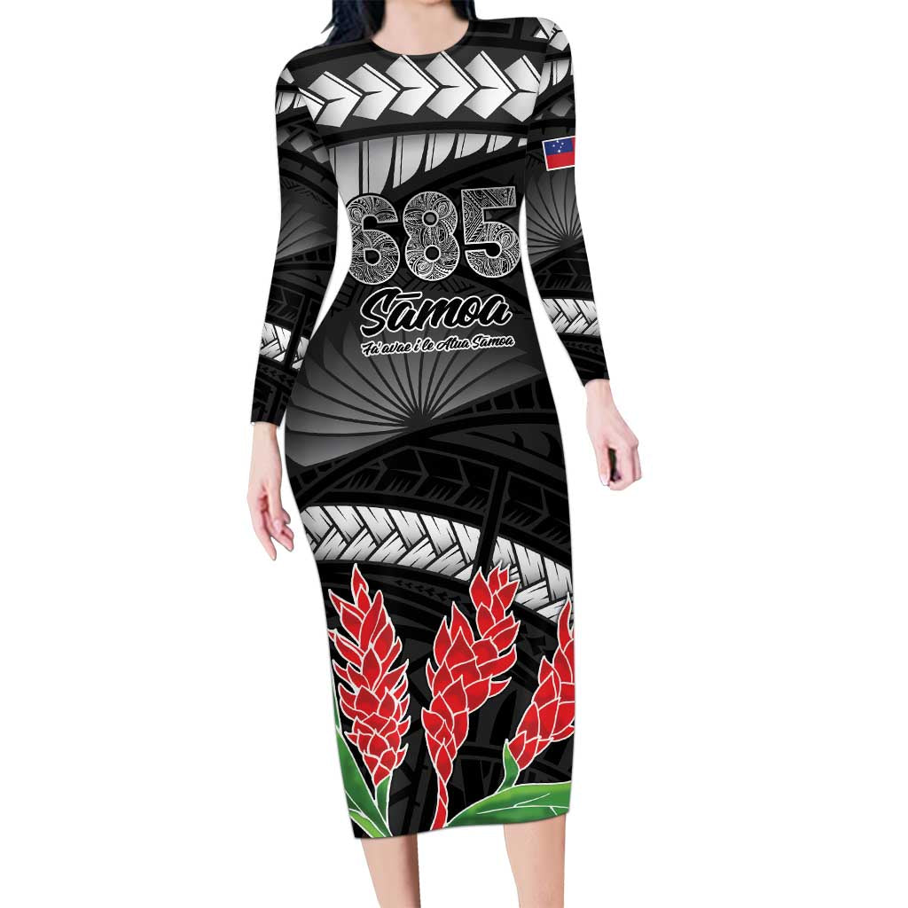 Personalised Samoa 685 Long Sleeve Bodycon Dress Teuila Flower With Black Samoan Tattoo