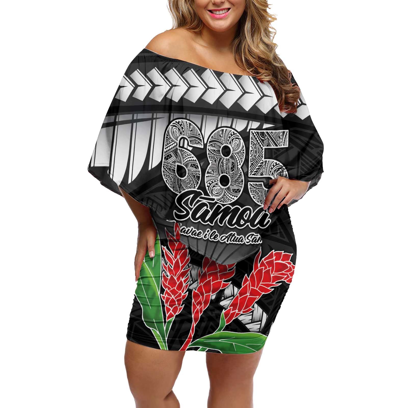 Personalised Samoa 685 Off Shoulder Short Dress Teuila Flower With Black Samoan Tattoo