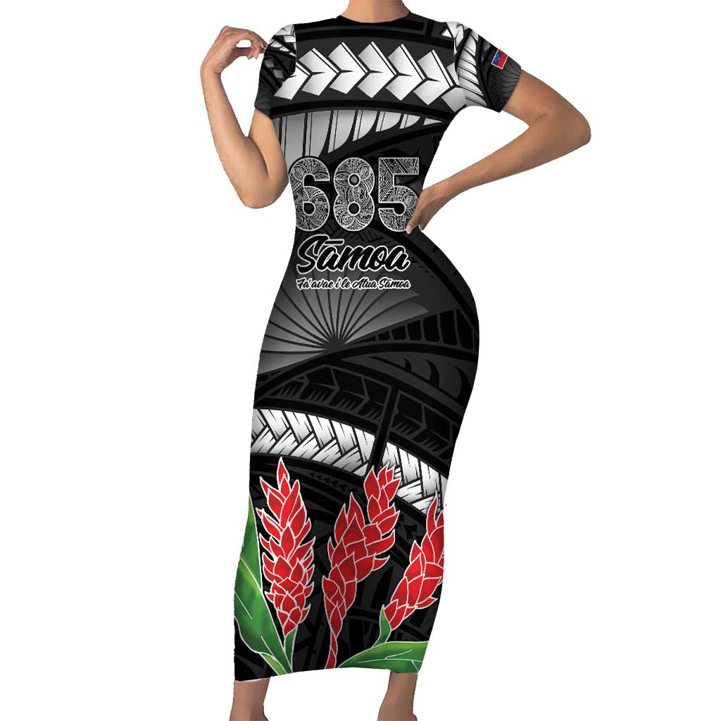 Personalised Samoa 685 Short Sleeve Bodycon Dress Teuila Flower With Black Samoan Tattoo