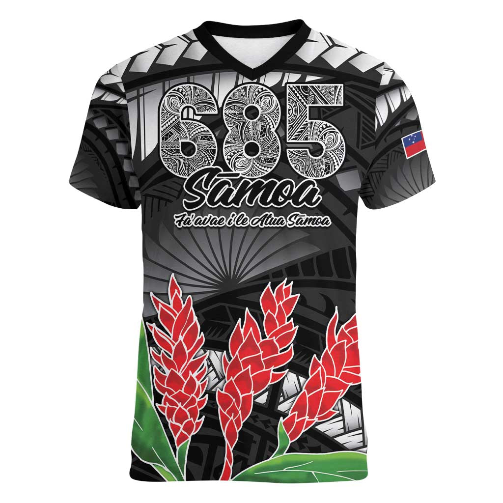 Personalised Samoa 685 Women V-Neck T-Shirt Teuila Flower With Black Samoan Tattoo