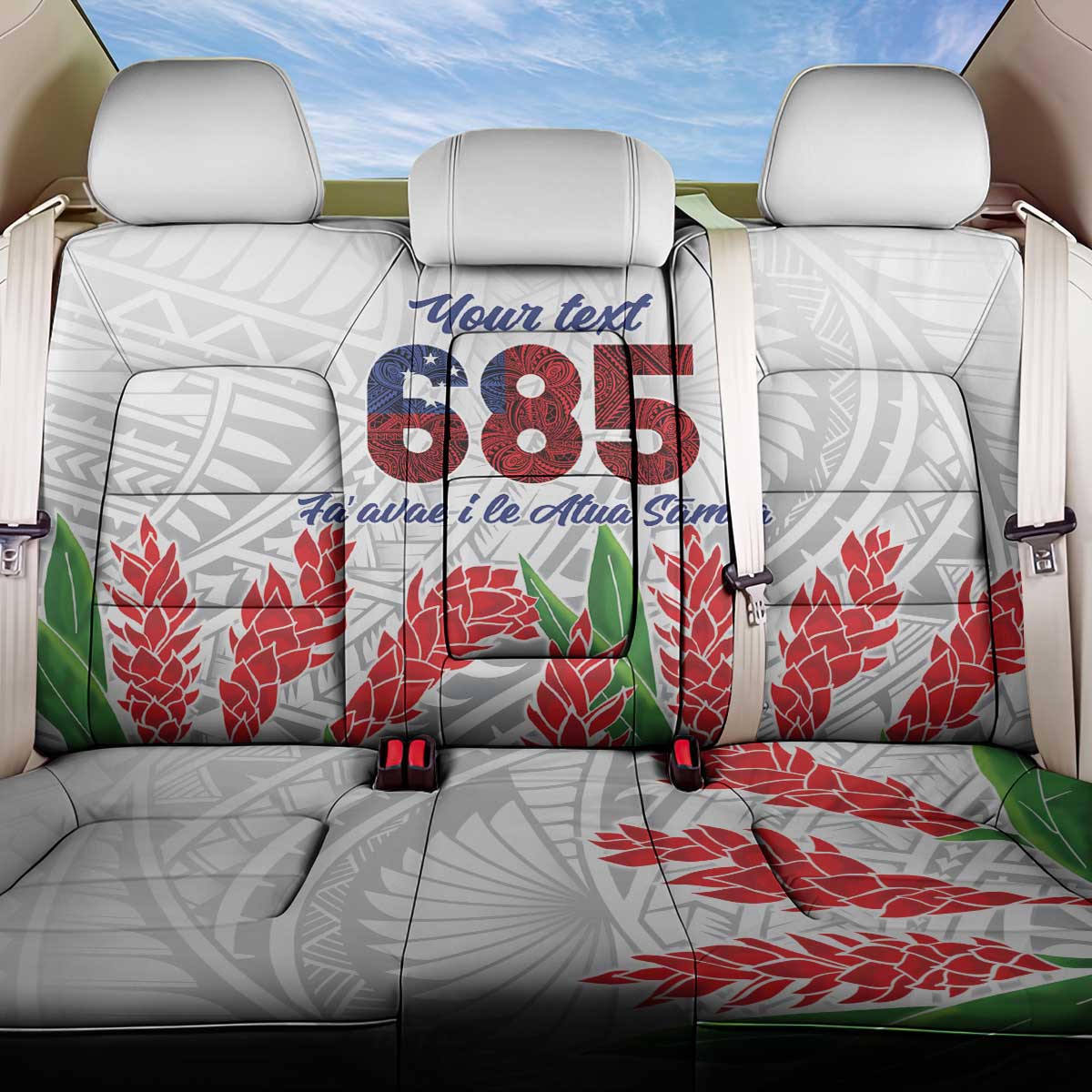 Personalised Samoa 685 Back Car Seat Cover Teuila Flower With White Samoan Tattoo