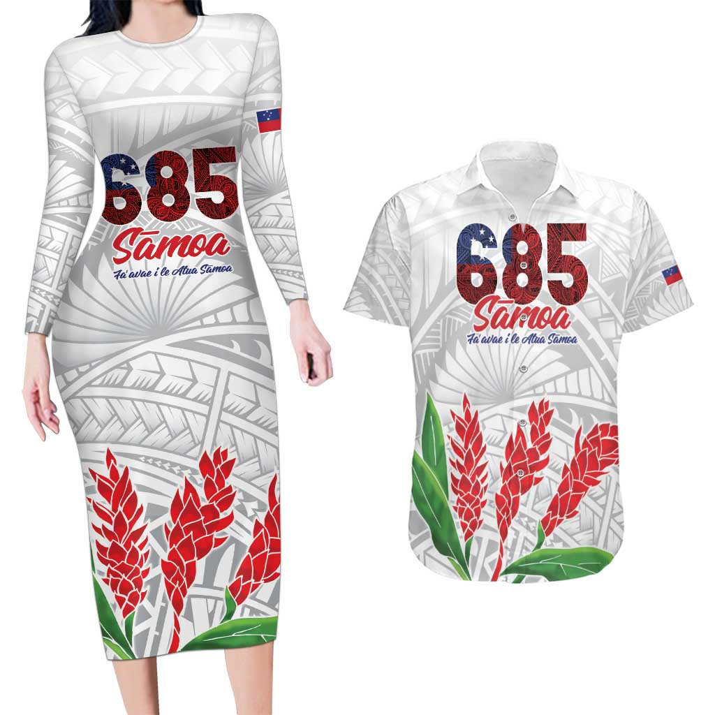 Personalised Samoa 685 Couples Matching Long Sleeve Bodycon Dress and Hawaiian Shirt Teuila Flower With White Samoan Tattoo