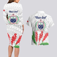 Personalised Samoa 685 Couples Matching Long Sleeve Bodycon Dress and Hawaiian Shirt Teuila Flower With White Samoan Tattoo