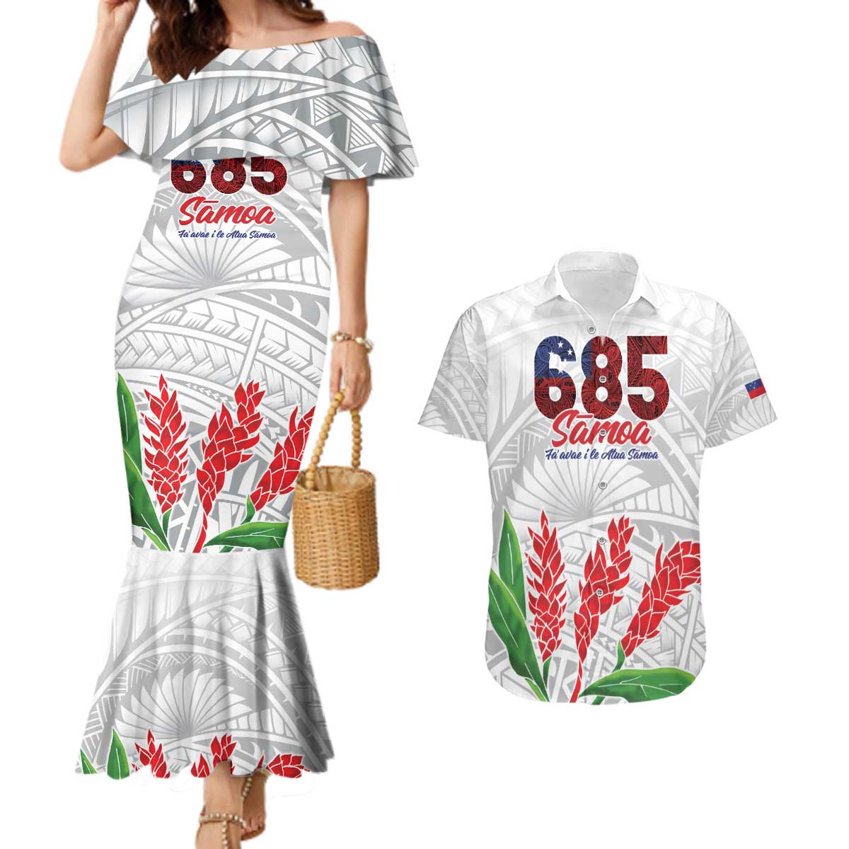 Personalised Samoa 685 Couples Matching Mermaid Dress and Hawaiian Shirt Teuila Flower With White Samoan Tattoo