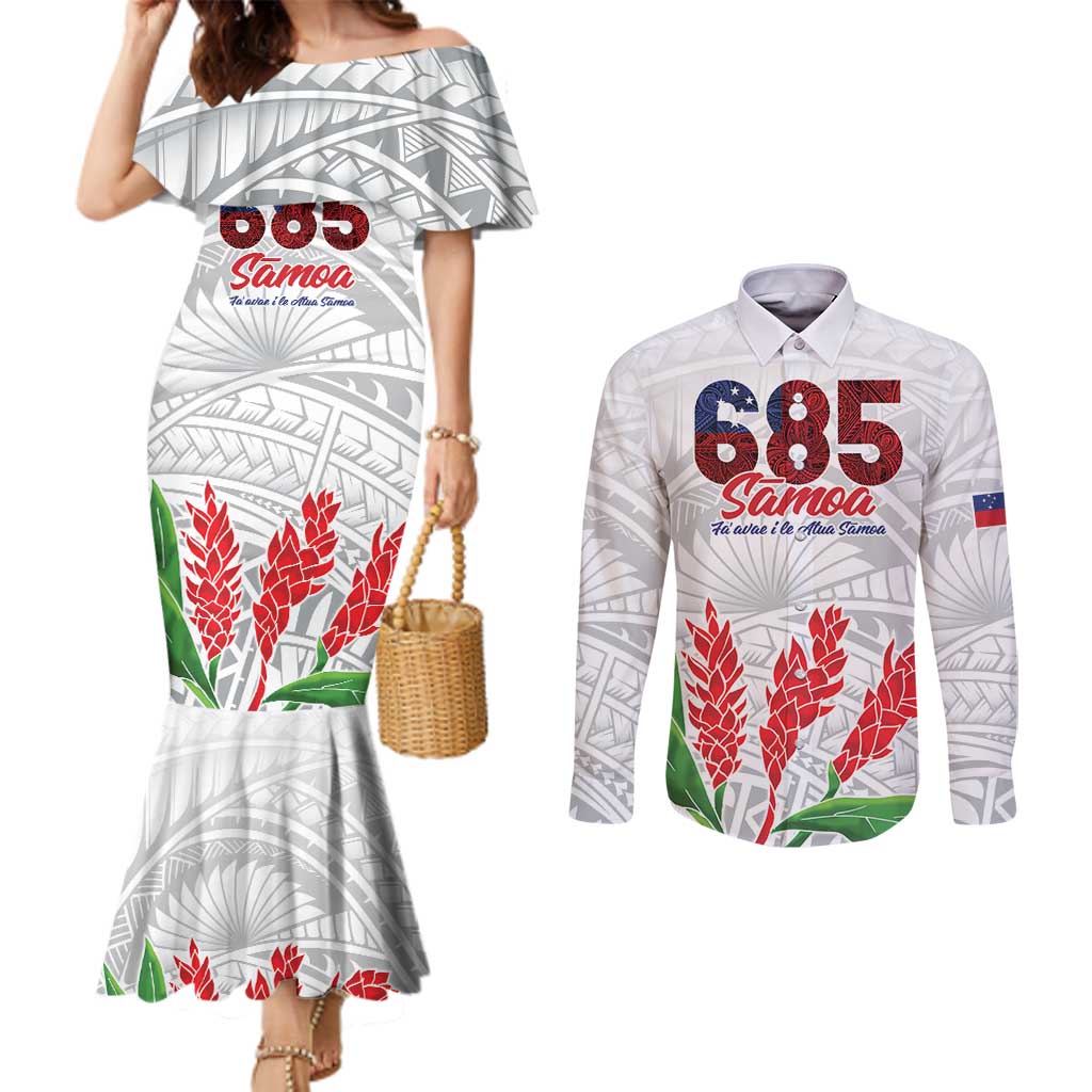 Personalised Samoa 685 Couples Matching Mermaid Dress and Long Sleeve Button Shirt Teuila Flower With White Samoan Tattoo