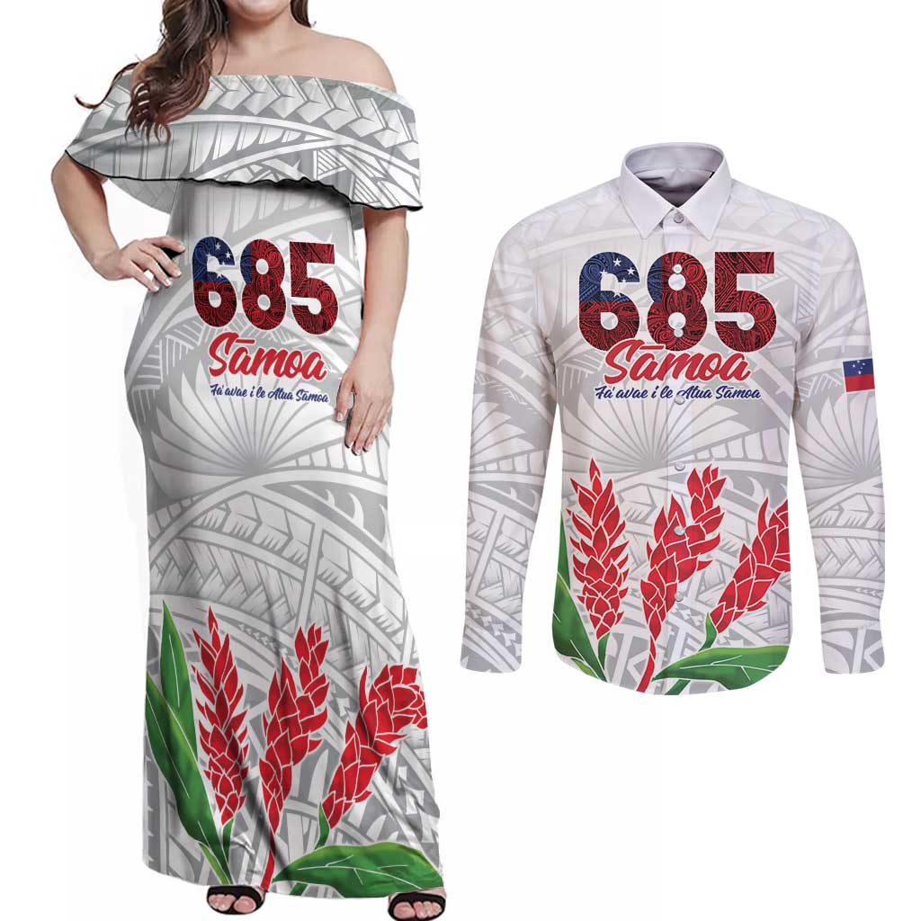 Personalised Samoa 685 Couples Matching Off Shoulder Maxi Dress and Long Sleeve Button Shirt Teuila Flower With White Samoan Tattoo